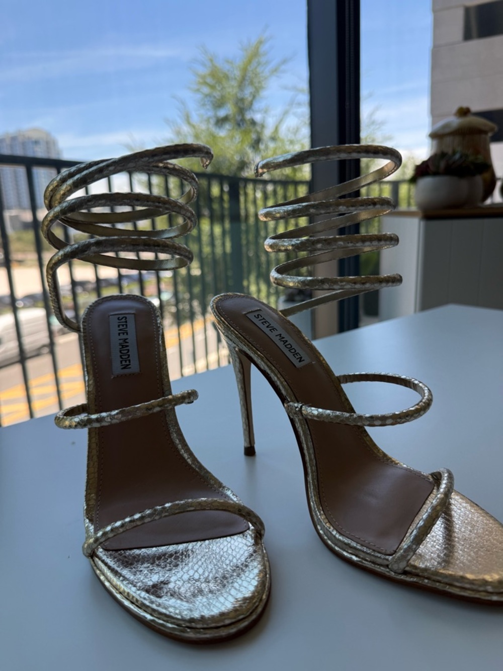 Steve Madden Exotic Metallic Gold Spiral-Strap Stiletto Heels